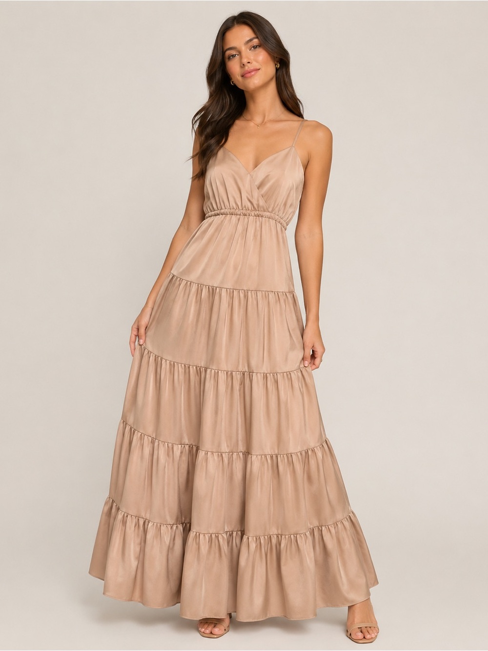 Joyfolie Tiered Satin Maxi Dress in Taupe (Sample) size small
